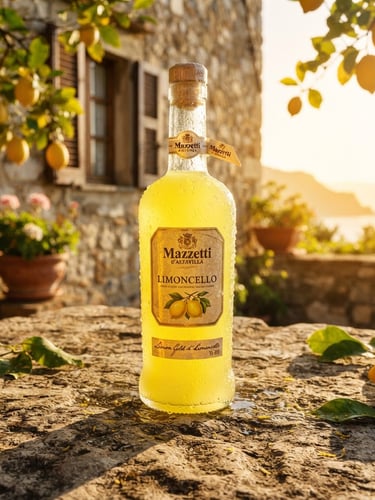 Close-up of a condensation-beaded bottle of Mazzetti limoncello on a rustic stone table, bright golden-hour sunlight, sharp dramatic shadows, warm editorial photography, 35mm