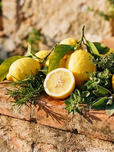 Close-up of fresh lemons and wild herbs on a rustic terracotta ledge under bright golden-hour sunlight, sharp shadows, warm editorial photography style.