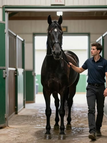 A majestic black horse being led through clean stable corridors by a trainer, high-contrast shadows, rich green stable doors.