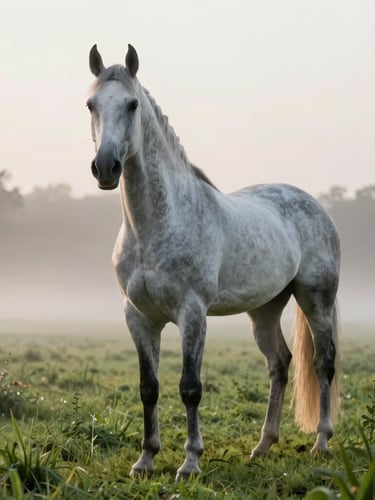 A striking grey thoroughbred horse standing alert in a lush green paddock, early morning mist rising from the grass, soft dawn light, cinematic 21:9 composition.