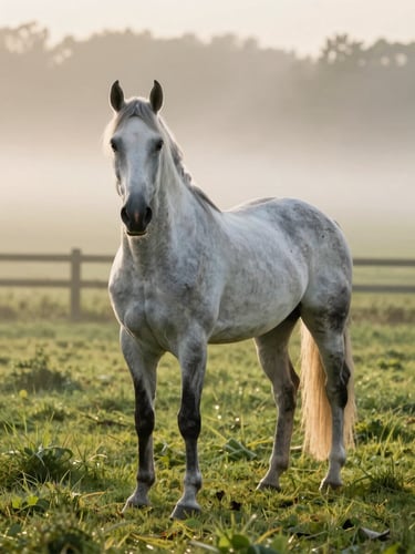 A single striking grey thoroughbred horse with fine white markings standing in a vibrant green paddock, morning mist rising, soft golden hour sunlight, cinematic 16:9 framing.