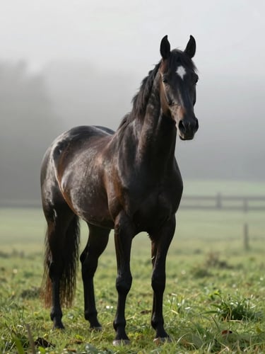 A striking black thoroughbred horse with a white star on its forehead standing alert in a crisp green paddock, early morning mist, high-contrast lighting.