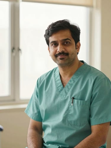 Warm editorial portrait of Dr. Sumit Alaspure in a clean medical consultation room, natural window light, deep teal and cream tones, shallow depth of field