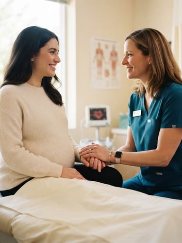 Warm editorial medical photography of a doctor gently holding an expectant mother's hand in a sunlit clinic room, soft teal and cream tones, shallow depth of field.
