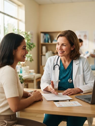 Warm editorial medical photography of a patient-doctor consultation in a bright clinic, soft teal tones, shallow depth of field