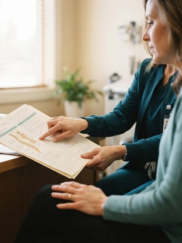 A warm editorial close-up of a doctor's hands gently explaining a medical chart to a patient, soft natural window light, deep teal accents, shallow depth of field