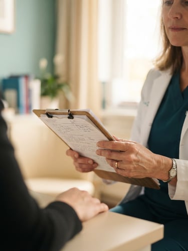 A warm, natural light photograph of doctor hands gently holding a clipboard during a patient consultation, soft teal and cream tones in the background, shallow depth of field.