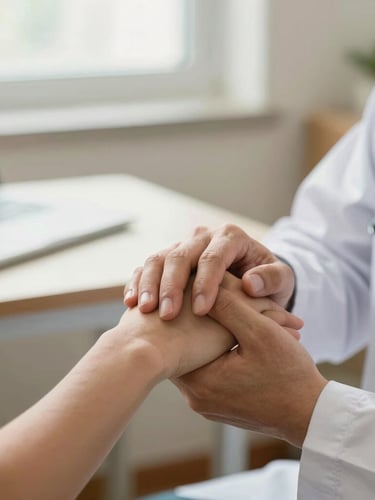 Close-up of a doctor's hands gently holding a patient's hand during a consultation, warm natural light, soft-focus background with a clinical desk.