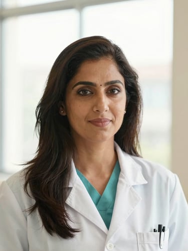 Warm editorial portrait of Dr. Nisha Ghumare Alaspure inside the clinic, bright natural window light, soft cream background, professional and compassionate look