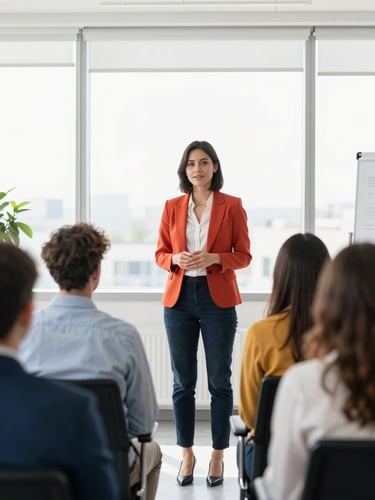 Bright editorial photography of a professional woman presenting confidently to a small, engaged audience in a sunlit modern meeting room.