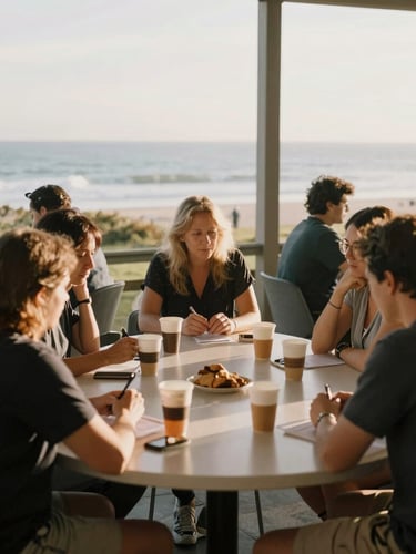 A bright community room in Signal Hill with local residents gathered around tables collaborating, soft coastal daylight, warm editorial photography, soft coastal golden-hour light, muted ocean tones, natural grain, shallow depth of field, 35mm.