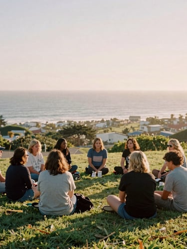 Warm editorial photography of community members sitting together in a sunlit Signal Hill park, soft coastal golden-hour light, natural grain, 35mm.