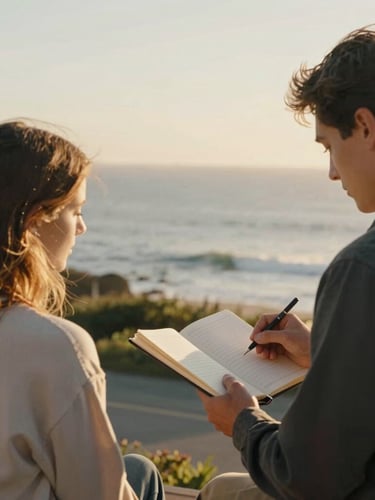 A quiet moment of mentorship in a sunny Signal Hill courtyard, warm golden-hour light, two people looking at a notebook, shallow depth of field, 35mm