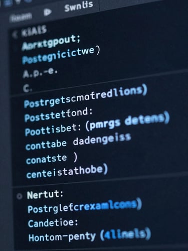 Macro close-up of clean Postgres database schema on a dark IDE screen, electric blue syntax highlighting, sleek tech photography