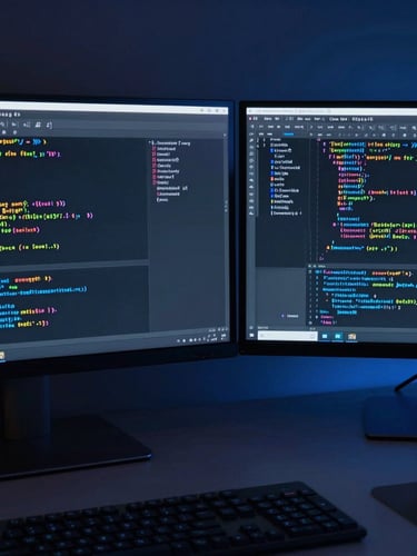 Sleek tech photography, low-key cool studio lighting, deep slate and electric blue tones, sharp macro focus of a clean workspace with dual monitors displaying structured code blocks