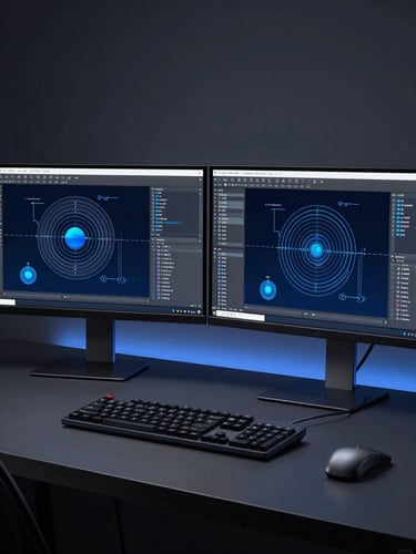 Sleek low-key tech photography of a minimalist workspace with dual monitors displaying system architecture diagrams, electric blue accents