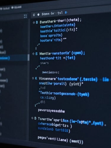 Sleek tech photography of a dark IDE interface showing clean, well-structured code blocks with electric blue syntax highlights, low-key cool studio lighting, sharp macro focus, 50mm.
