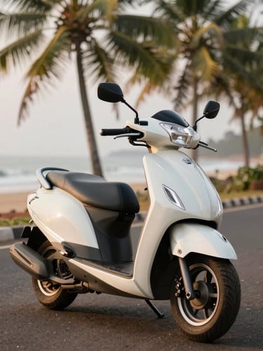 Pristine white Honda Activa 125 scooter parked on a quiet coastal road in Gokarna, palm trees in soft focus background, crisp warm morning light
