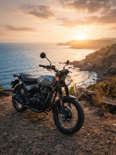 Low-angle portrait shot of a pristine Royal Enfield Hunter 350 parked on a dramatic Gokarna cliff at golden hour, warm sea breeze, soft depth of field, premium automotive photography