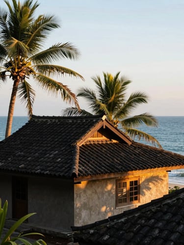 A vertical portrait of a traditional coastal cottage with a tiled roof, surrounded by coconut palms and overlooking the blue sea, soft warm morning light, premium architectural photography.