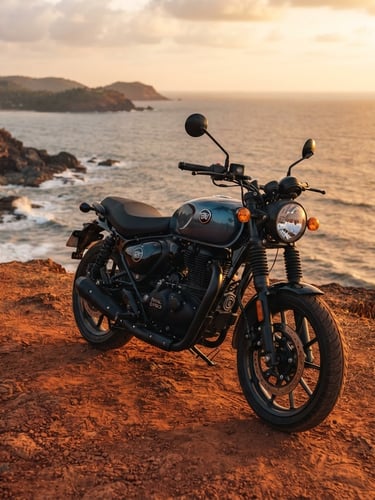 Low-angle hero shot of a pristine Royal Enfield Hunter 350 parked on a red clay cliff overlooking the Gokarna ocean, golden hour lighting, 35mm lens, premium automotive photography style