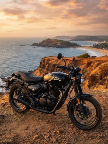 Low-angle hero shot of a pristine Royal Enfield Hunter 350 parked on a dramatic golden cliff overlooking the Gokarna ocean, warm low-sun golden hour light, premium automotive photography style.