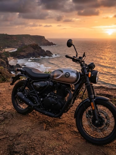 Low-angle hero shot of a pristine Royal Enfield Hunter 350 parked on a dramatic Gokarna cliff at sunset, warm golden-hour light reflecting off the clean metallic fuel tank.