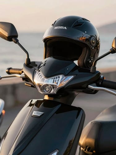Close-up of clean handlebars and a premium black helmet resting on a highly polished Honda Activa 125, golden hour light reflecting off metallic surfaces, shallow depth of field.
