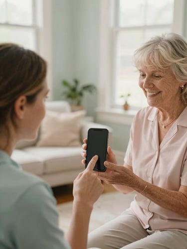A warm, natural daylight photograph of a patient volunteer gently pointing to a smartphone screen while a smiling senior woman holds the device in a cozy Georgia community center.