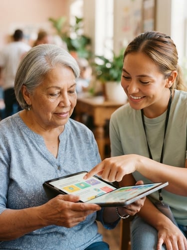 Medium close-up of a patient volunteer smiling and pointing gently to a tablet screen held by an older adult, warm natural daylight, Georgia community setting.