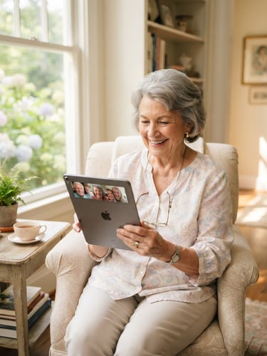 A smiling grandmother in a sunlit Georgia living room safely using a tablet, warm natural daylight, soft pastel tones, high contrast.