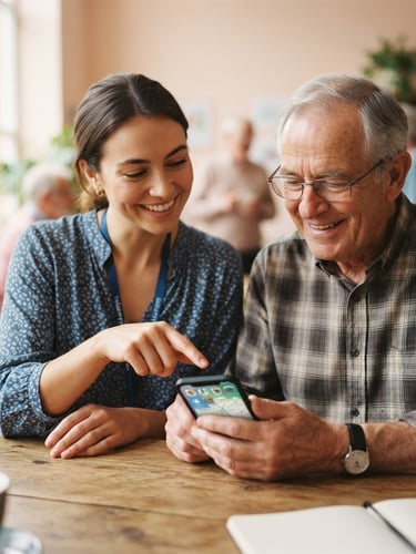 A warm editorial photograph of a friendly volunteer pointing gently to a smartphone screen while an older adult smiles, soft natural daylight, shallow depth of field, authentic.