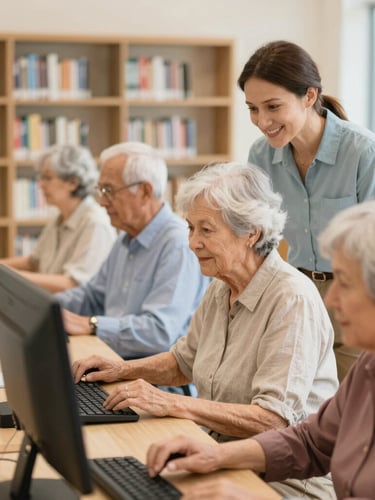 Older adults attending a computer literacy class in a bright, warm Georgia public library, a friendly instructor helping a senior in a relaxed environment.