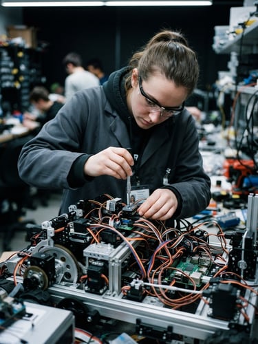 Eye-level shot of a student intensely calibrating a complex robotic chassis with wiring visible under cool-toned LED workshop lighting, high contrast, technical detail, 35mm