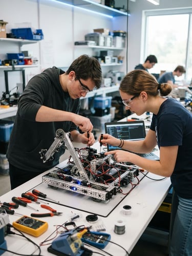 Eye-level shot of two high school students intensely calibrating a complex metal robot chassis on a clean white technical workbench, bright daylight with subtle blue LED highlights, sharp details, 35mm