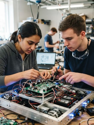 Eye-level shot of two students collaborating intensely over a metal robot chassis, hands adjusting wires on a green circuit board, crisp editorial photography, bright natural daylight with cool blue LED highlights.