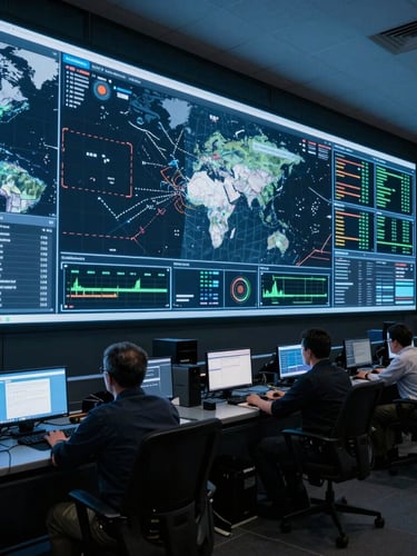 Low-light tactical command center with a massive multi-screen data wall displaying digital maps and real-time telemetry, cool blue glow reflecting on professional analysts, cinematic wide angle.