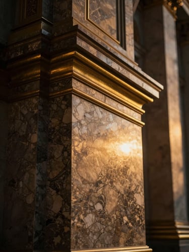 Portrait-oriented close-up of polished marble and brass architectural details, cinematic lighting, shallow depth of field, reflecting warm golden light.