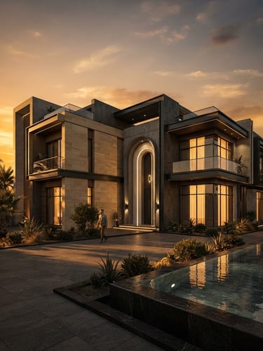 Wide-angle cinematic shot of a modern luxury villa facade in Fallujah at golden hour, dramatic architectural lines, warm golden light, deep shadows, high detail.