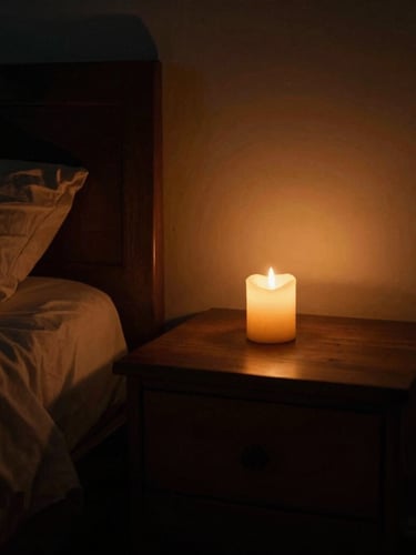 Moody low-light photograph of a bedroom at sunset, warm amber candle light on a dark wooden nightstand, deep shadow tones, 35mm cinematic depth of field.
