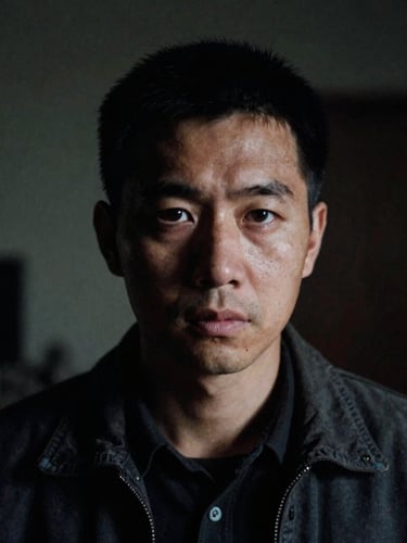 Dramatic close-up portrait of an investigative journalist in a dark room, low-key lighting, high-contrast shadows, 35mm film grain, desaturated tones, looking intense and focused