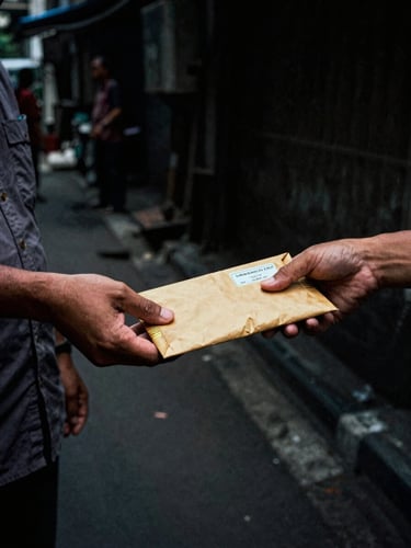 Gritty low-key photojournalism of an anonymous informant handing a sealed brown envelope to a journalist in a dark alleyway in Jakarta, deep shadows, high-contrast, 35mm film grain, gold lighting accents