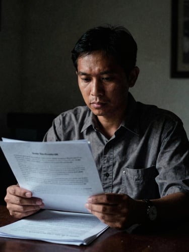 Dramatic environmental portrait of an investigative journalist reviewing documents in a low-key, dimly lit room in Jakarta, deep shadows, high-contrast lighting, 35mm film grain, serious mood