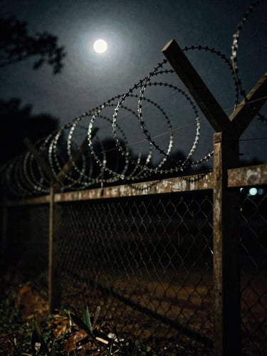 Gritty close-up of a barbed wire fence at the Thailand-Cambodia border under moody, low-key moonlight, dramatic shadows, 35mm film grain