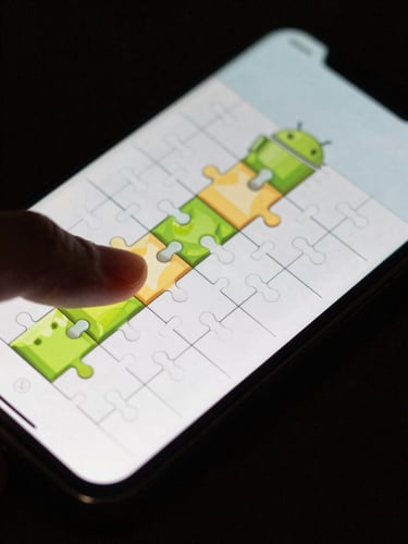 Extreme close-up of an Android phone screen displaying a puzzle game grid with crisp tile graphics, finger resting at the edge of the screen, controlled daylight on glass surface, near-black background