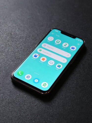 Overhead studio shot of an Android smartphone lying on a dark matte surface, app interface visible at high magnification on screen, sharp clinical lighting from above casting a thin shadow on the left edge, electric cyan UI elements visible on the display