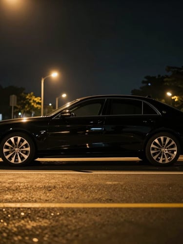 Cinematic side profile of a polished black executive sedan parked under soft golden streetlights at night, subtle reflections on the pristine paint, 35mm lens, low-key lighting.