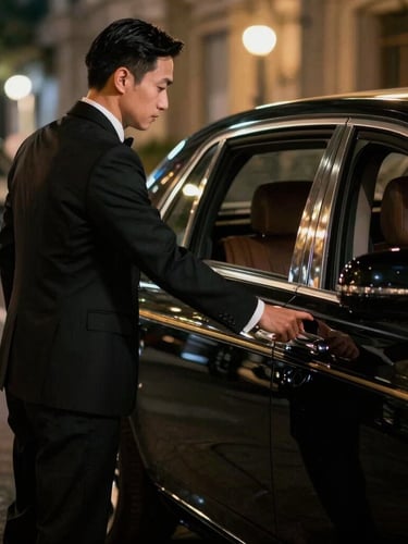 A professional chauffeur in a sharp black suit opening the rear door of a premium sedan, blurred city lights in the background, cinematic luxury photography, elegant and respectful posture.