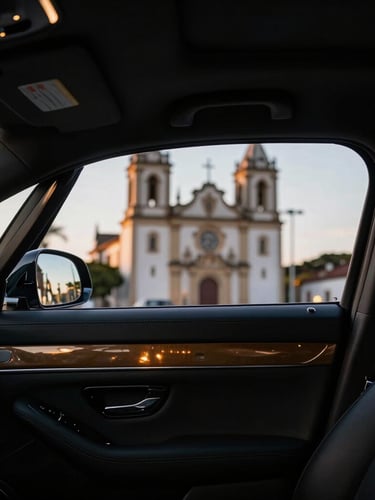 A close-up of a pristine leather interior of a luxury sedan, looking through the rear window at a blurred historic Brazilian cathedral under soft evening light.