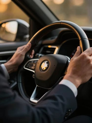 Close-up macro shot of a chauffeur in a tailored dark suit holding a leather-wrapped steering wheel, soft golden dashboard lights, shallow depth of field.